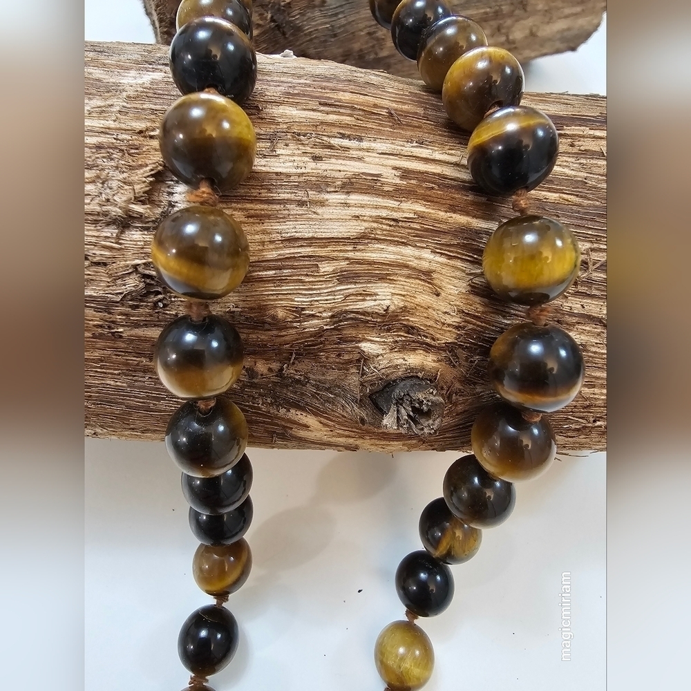 Yellow Tiger Eye Gemstone Round Necklace -15" - Picture 2 of 7